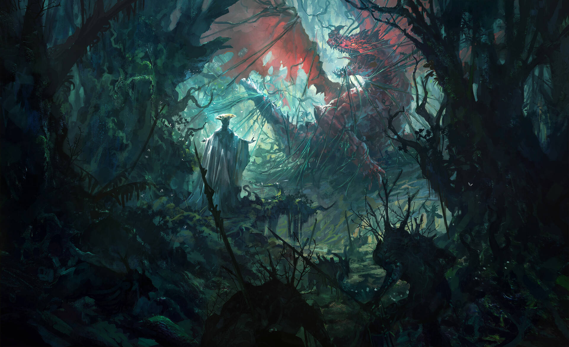Fantasy art red dragon tied down in dark forest wallpaper.