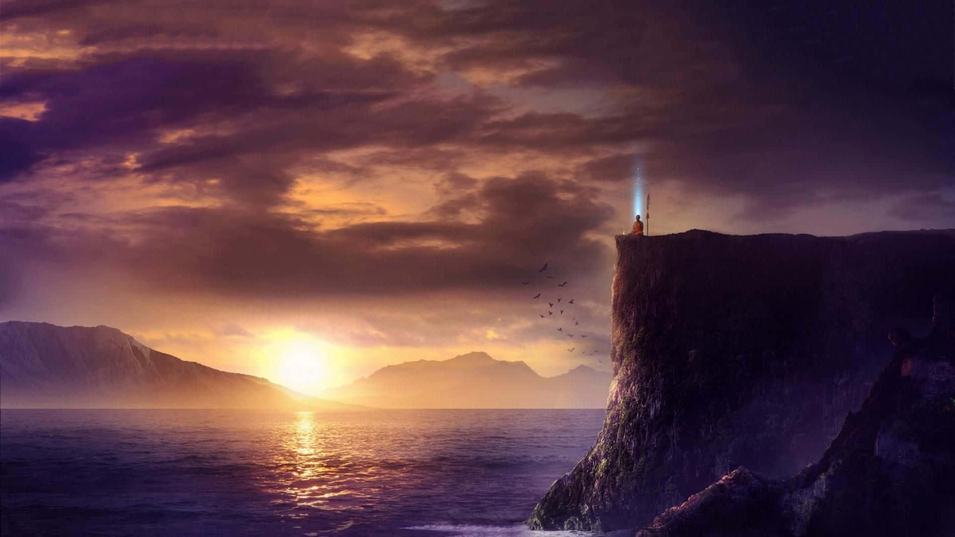 Fantasykunst Sonnenuntergang Ozean Klippen Leuchtturm Wallpaper