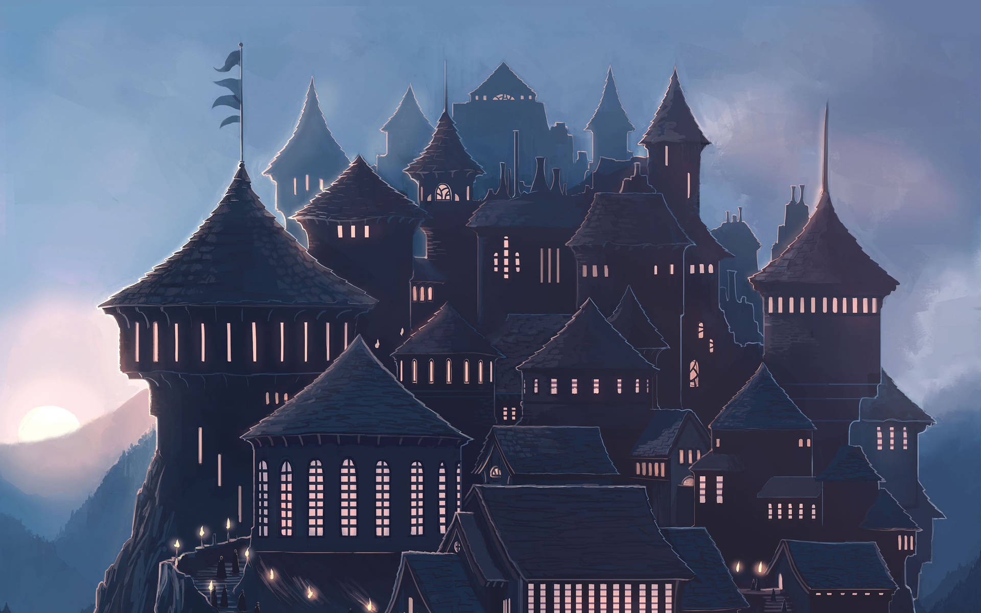 Hogwarts Castle situated on a hill with a full moon in the night sky Wallpaper