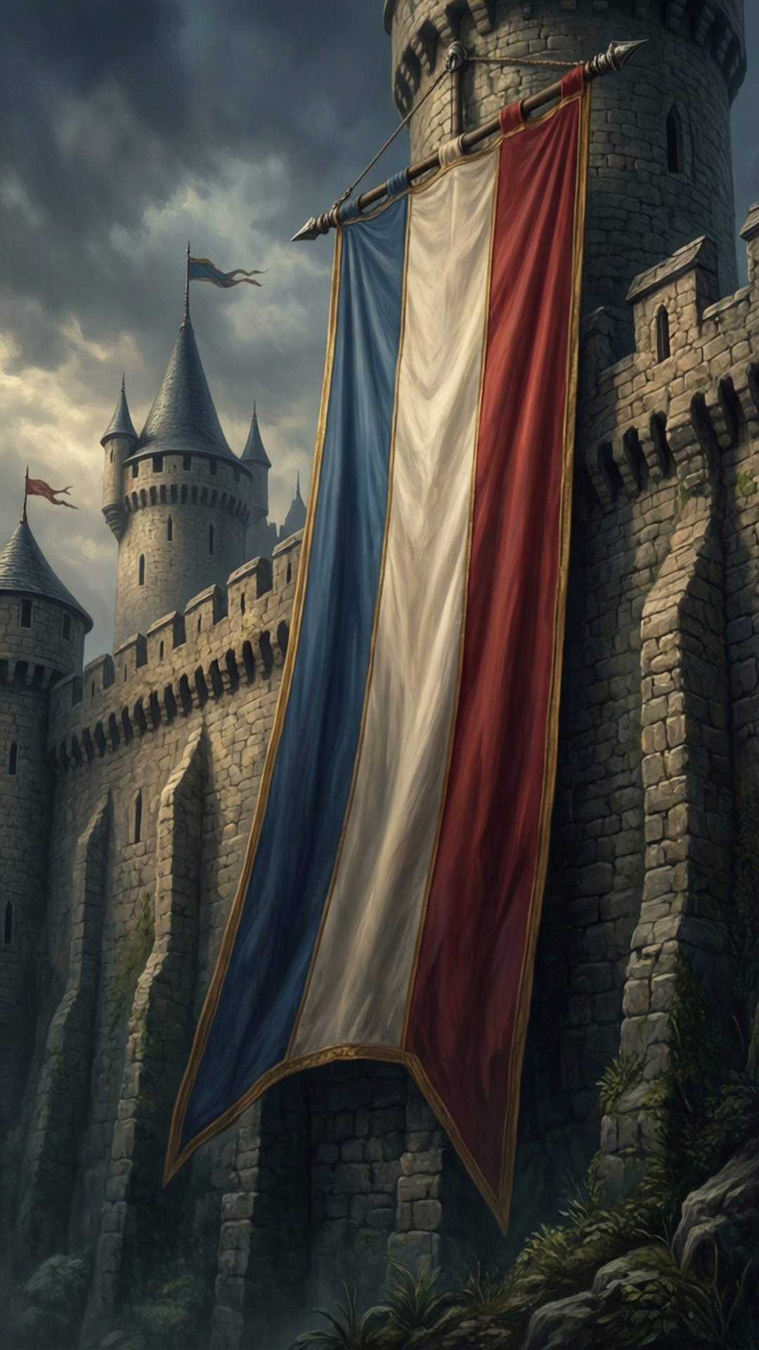 Straight flag as medieval banner on castle, fantasy.