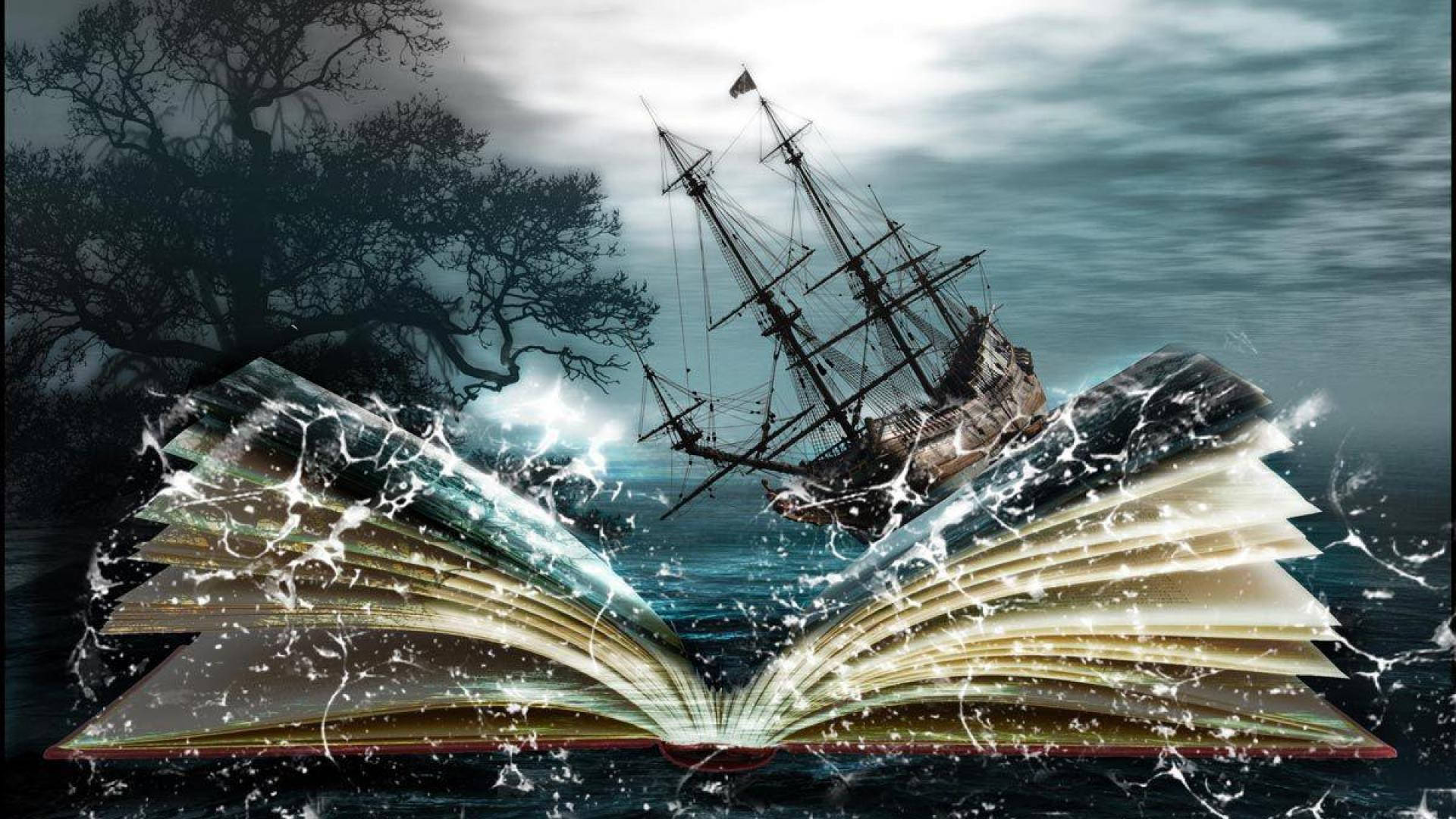 Fantasy book with vintage ship and waves wallpaper