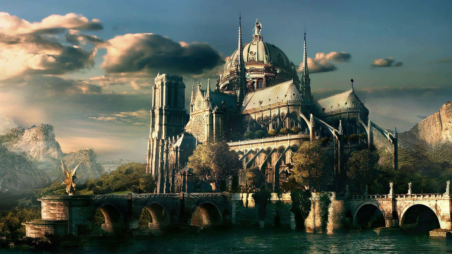 Fantasy Cathedral River Crossing Wallpaper