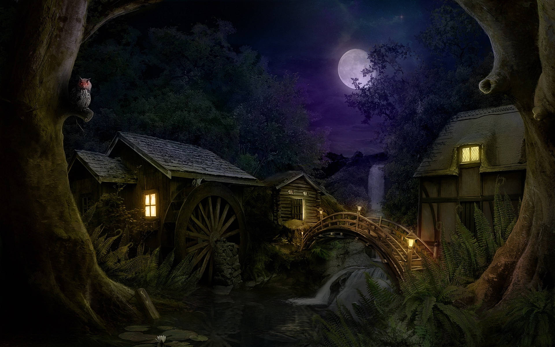 Fantasy Cottage In The Moonlight Wallpaper