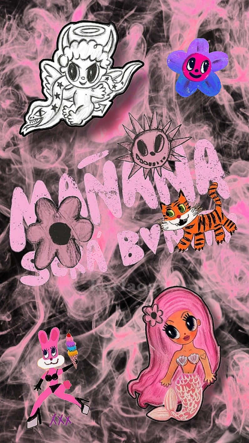 Fantasy Creature Collage Pink Smoke Background Wallpaper