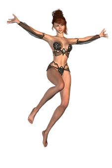 Fantasy Dancer3 D Model PNG — A digital rendering of a woman in a black tribal-style bikini with arm and leg adornments leaping midair against a plain black background.