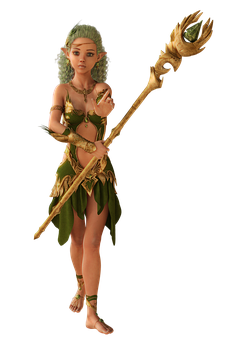 Fantasy_ Elf_ Female_ With_ Staff PNG