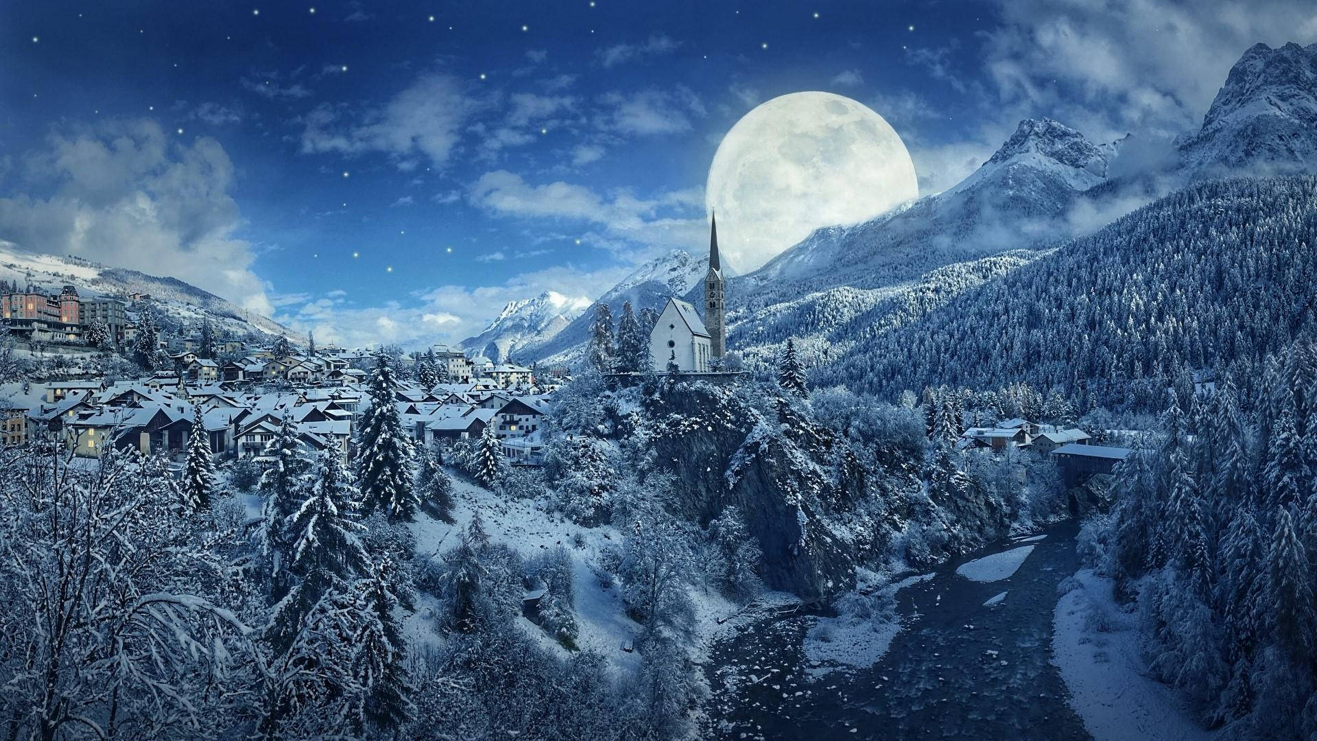 Fantasy Full Moon Winter Landscape Wallpaper