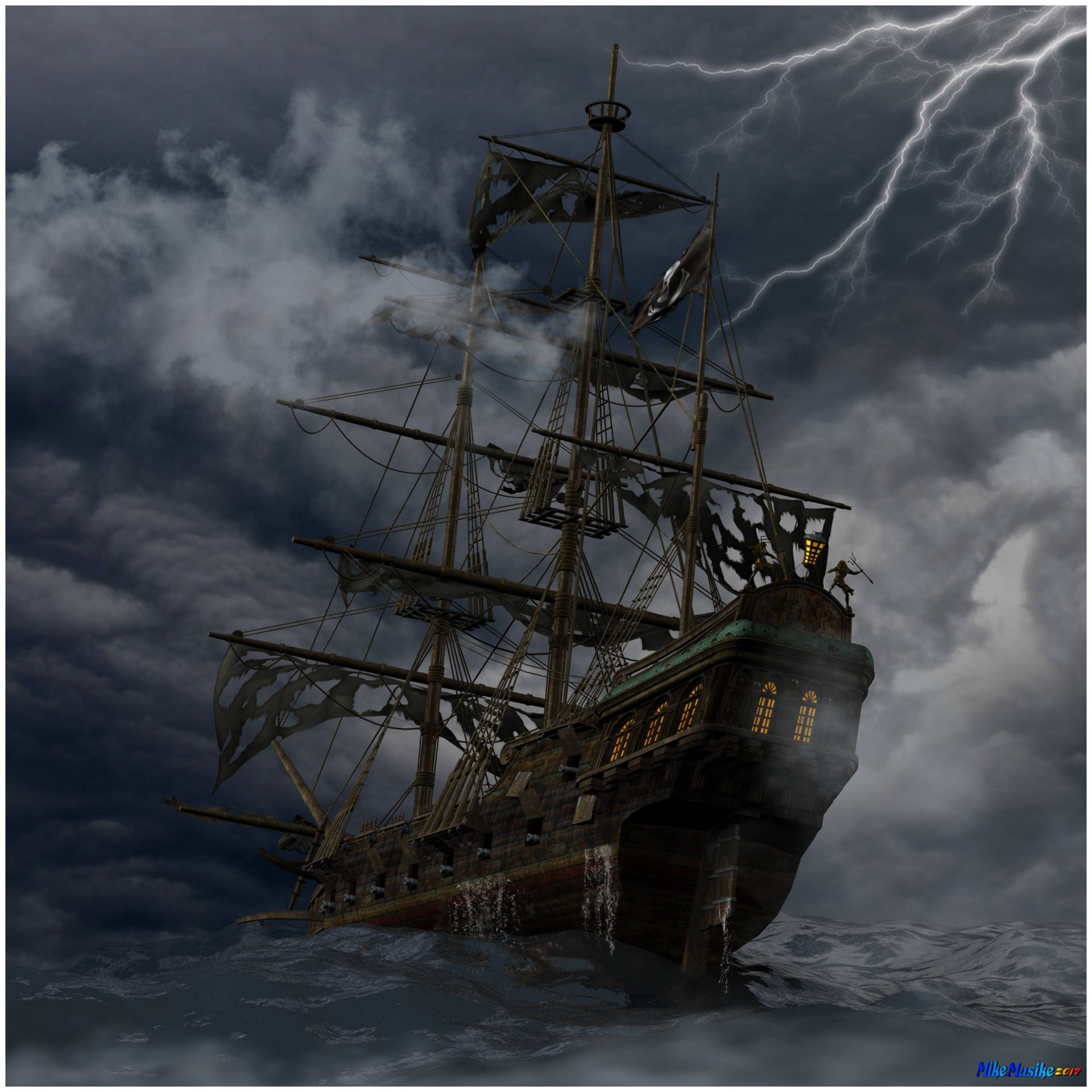 Fantasy Ghost Ship Lightning Wallpaper