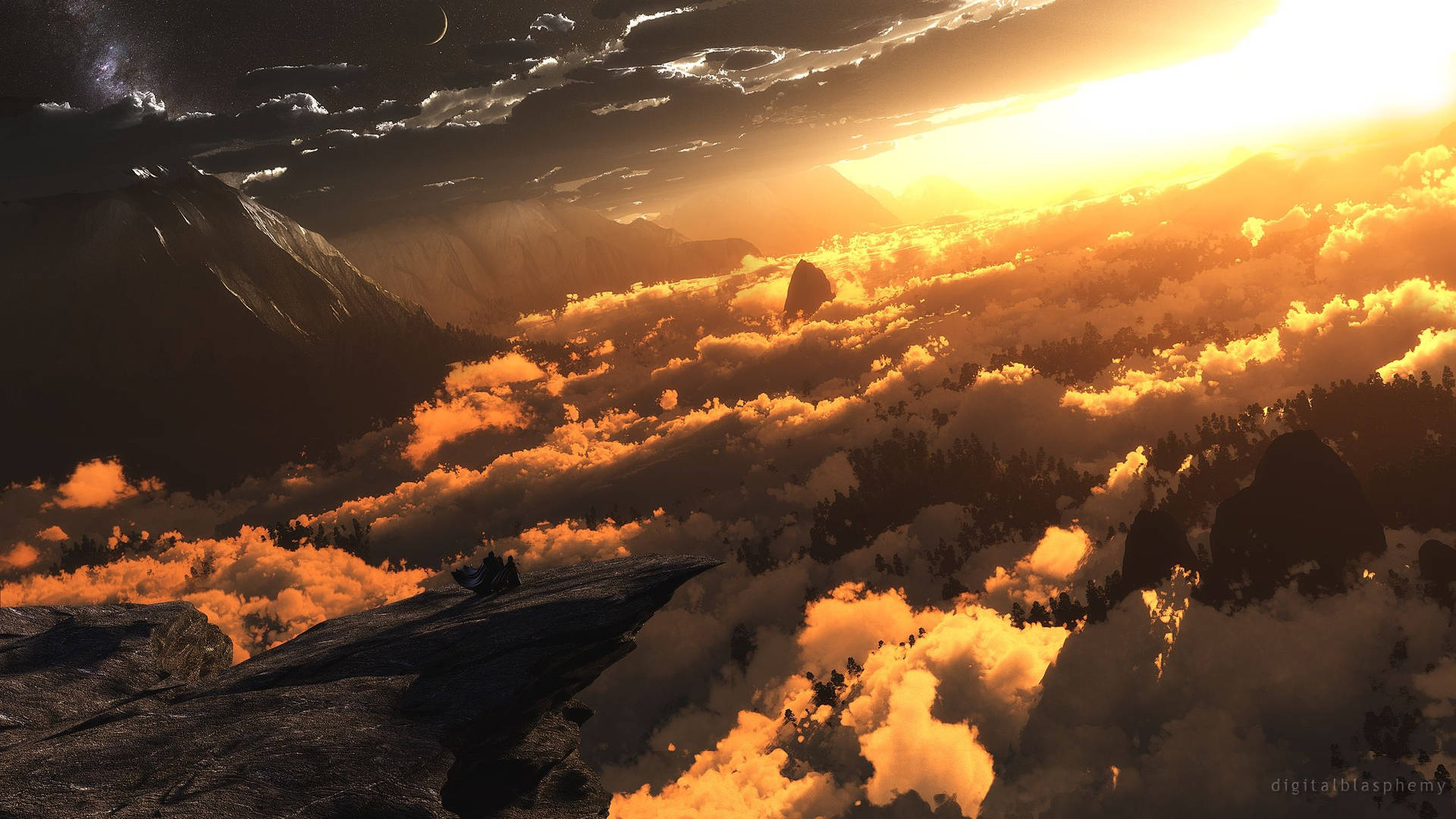Majestic Fantasy Golden Mountain Peaks Under a Cloudy Sky Wallpaper