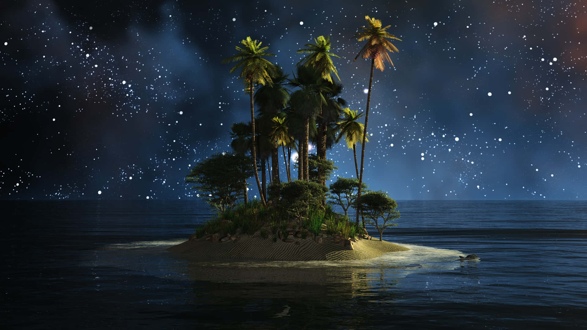 Eineinsel Mit Palmen Und Sternen Am Himmel