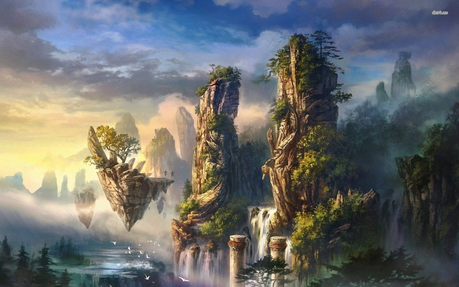 Fantasy Island With Two Huge Pillars Wallpaper