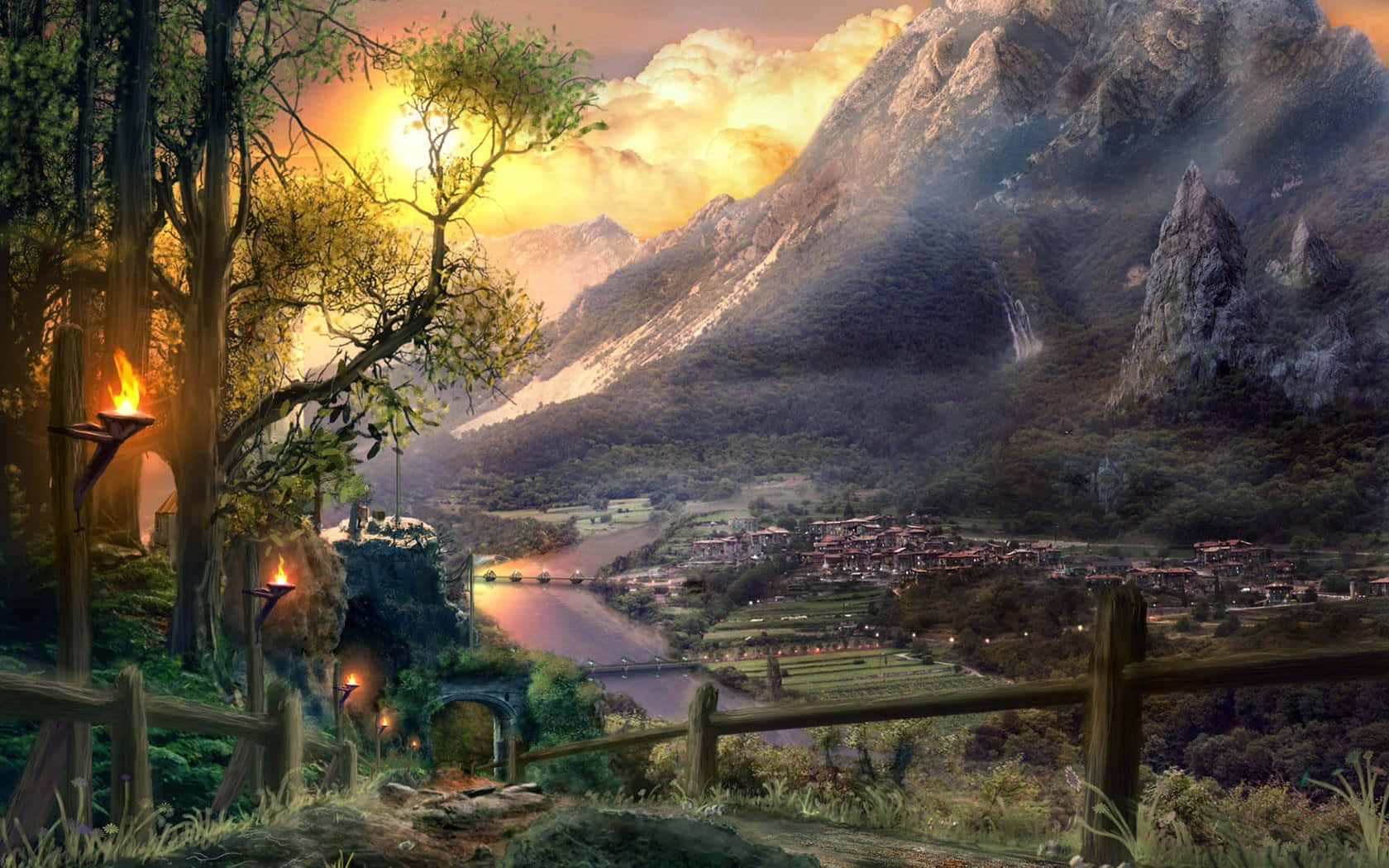 Fantasy Land Village Sunset Scene Wallpaper