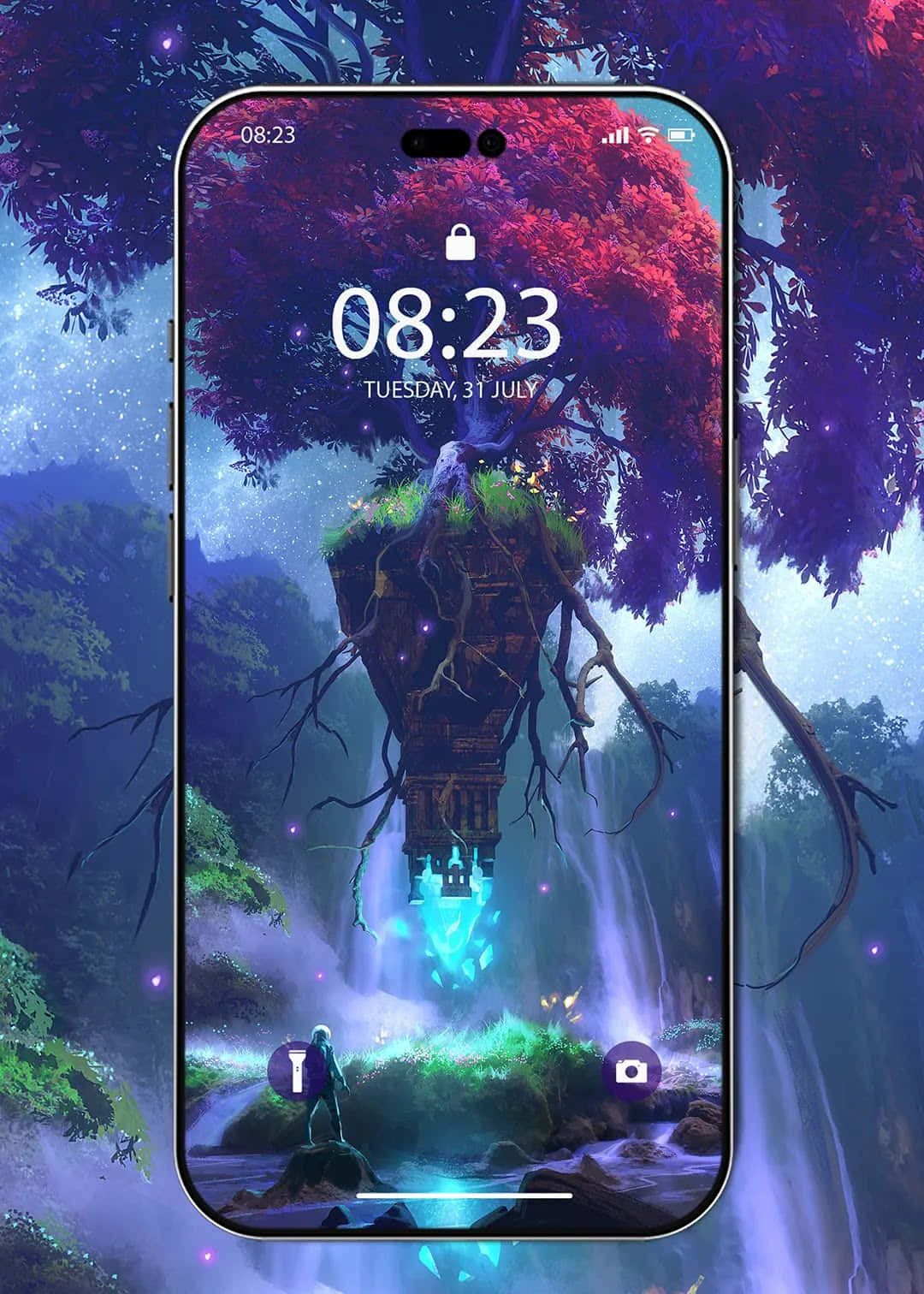 A Phone With A Tree And A Waterfall In The Background Wallpaper