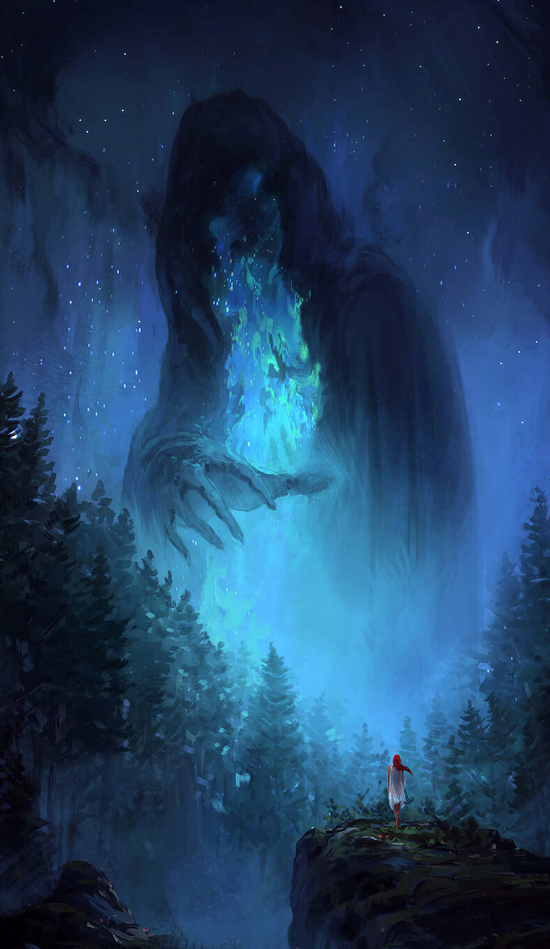 Einmann Steht Im Wald Mit Einem Riesigen Monster Am Himmel. Wallpaper