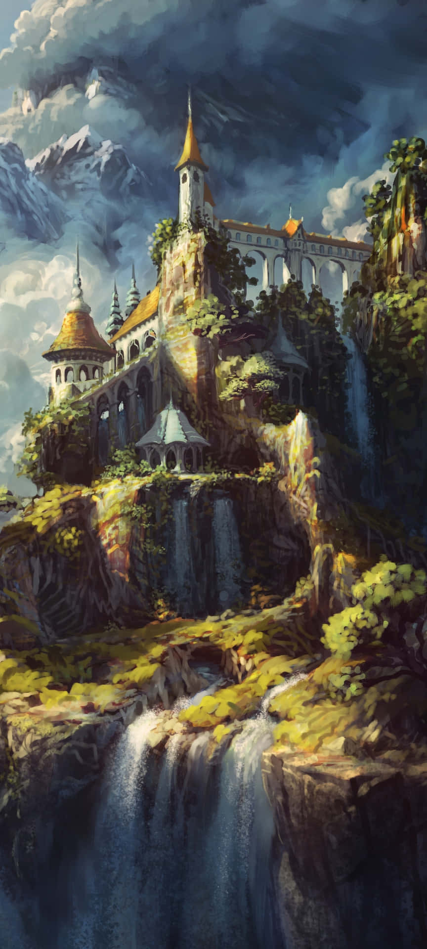 A Fantasy Castle On A Mountain With Waterfalls Wallpaper