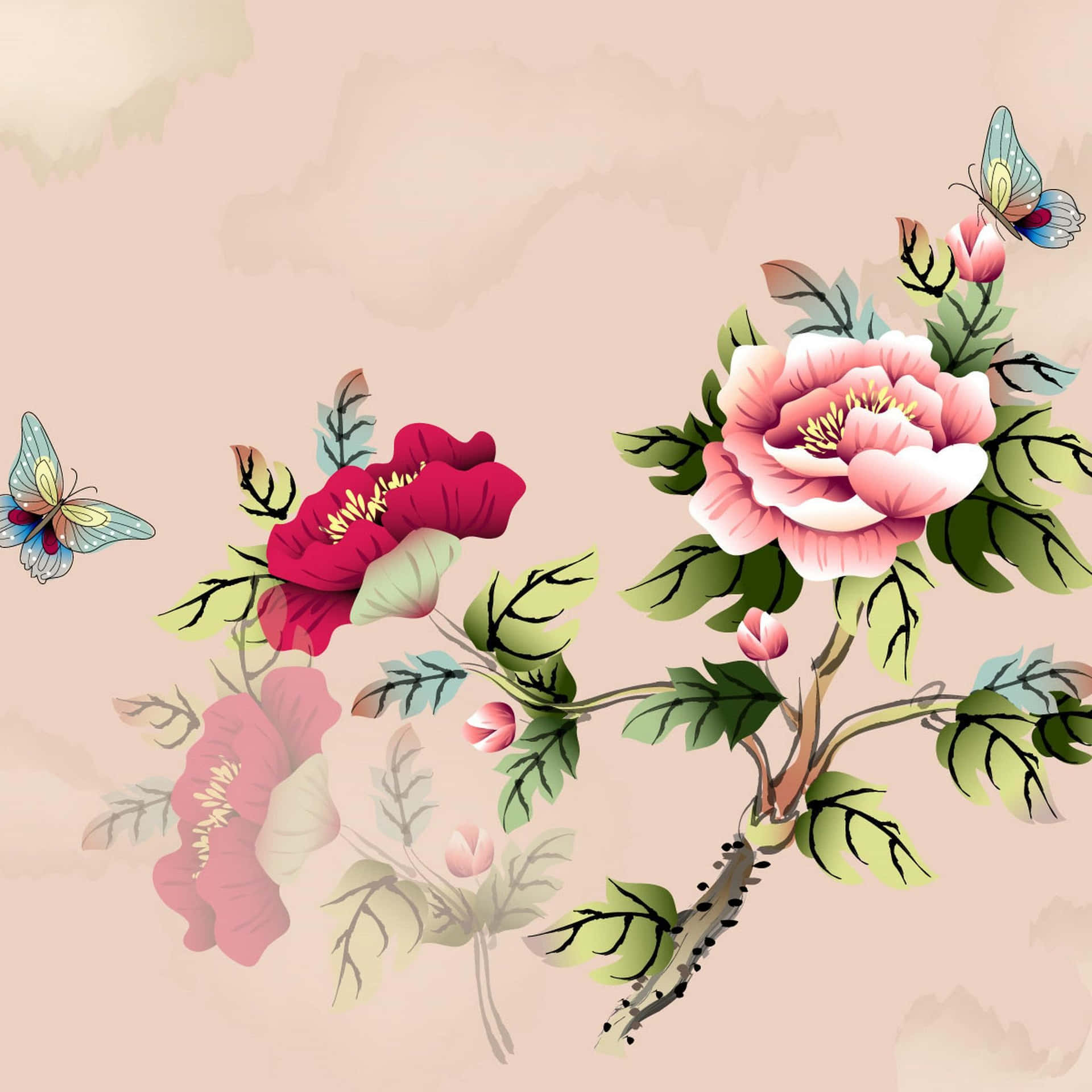Enmålning Av Blommor Och Fjärilar Wallpaper