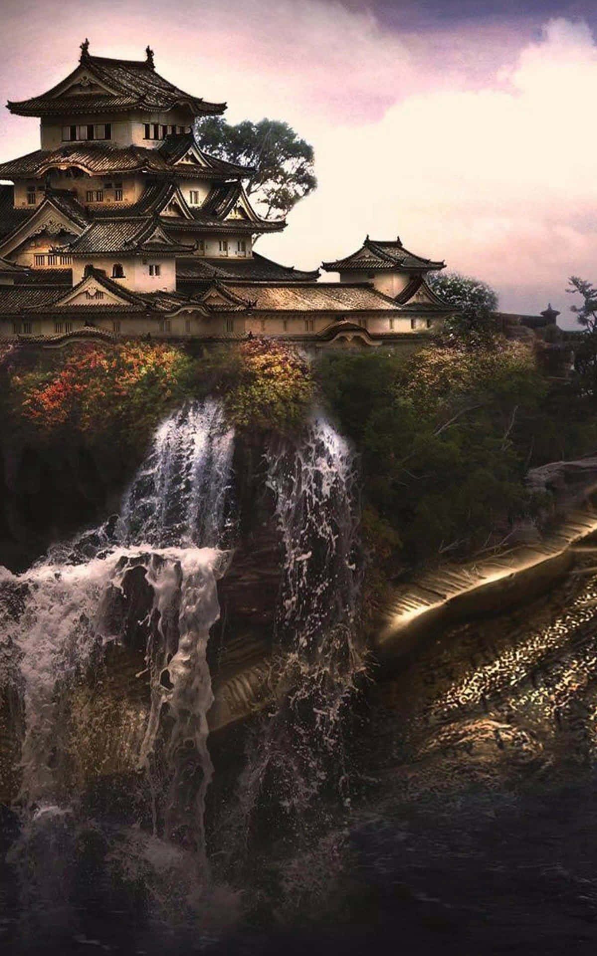 Et vandfald og et slot i et landskab Wallpaper