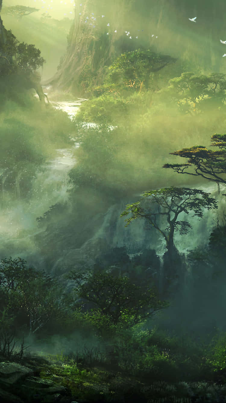Einwald Mit Bäumen Und Einem Wasserfall Wallpaper