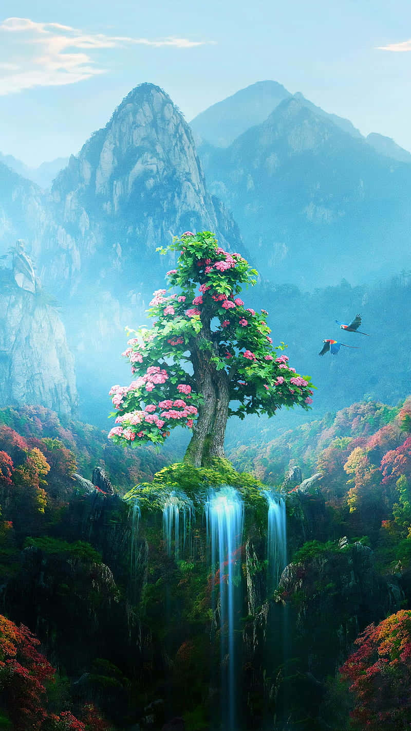 A Tree In The Middle Of A Waterfall Wallpaper