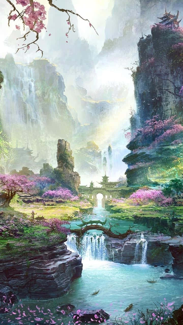 Et maleri af en vandfald og blomster i et fantasilandskab. Wallpaper