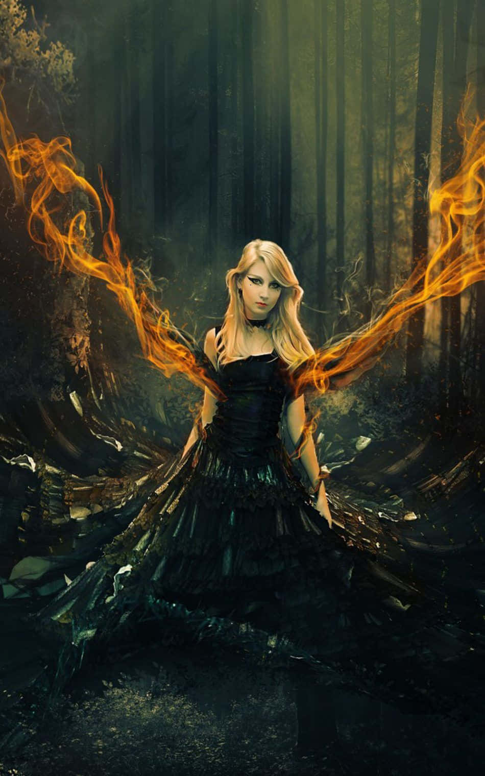En kvinde i en sort kjole med ild vinger Wallpaper