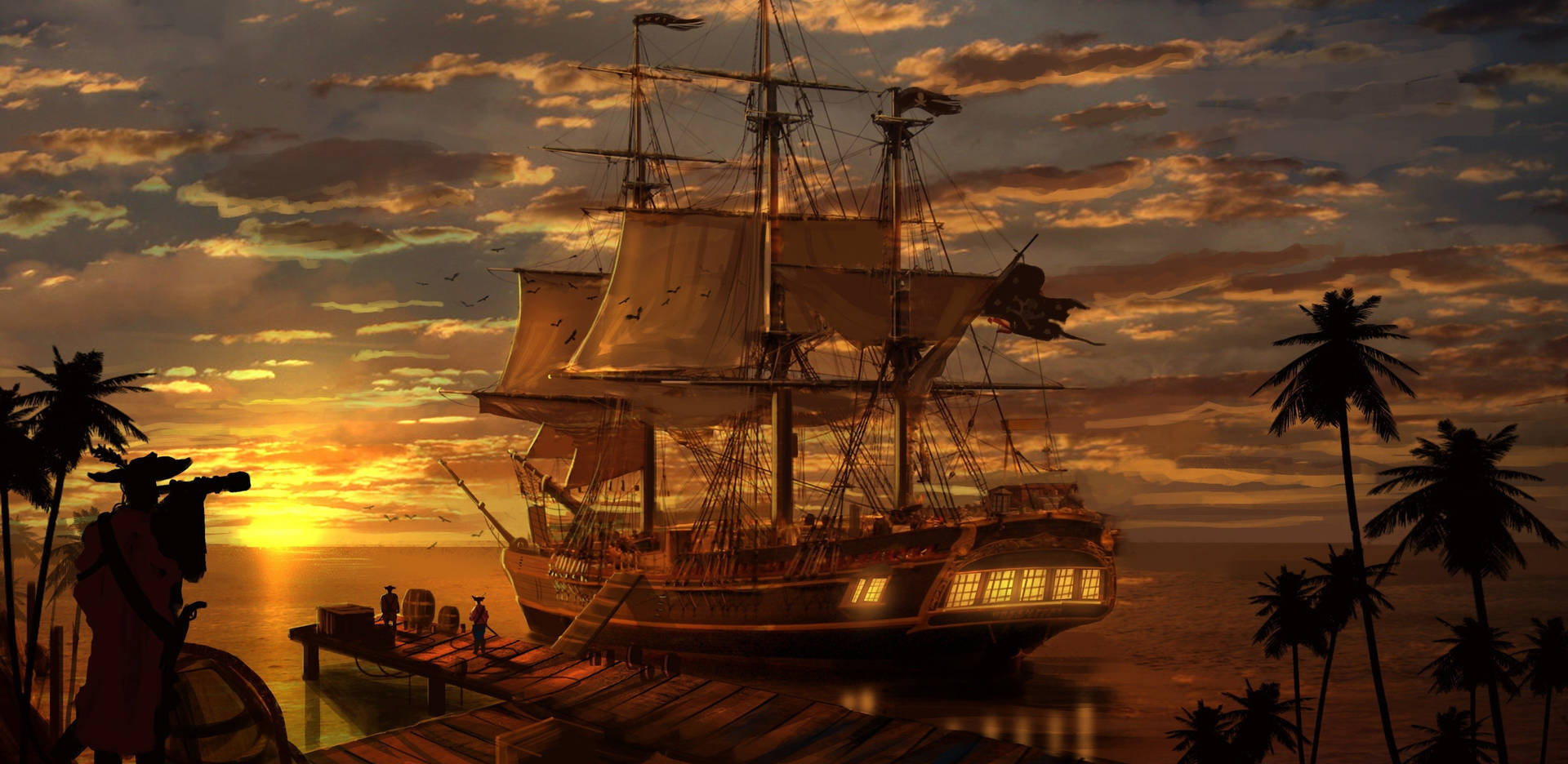 Fantasy Pirate Sailing Ship Wallpaper