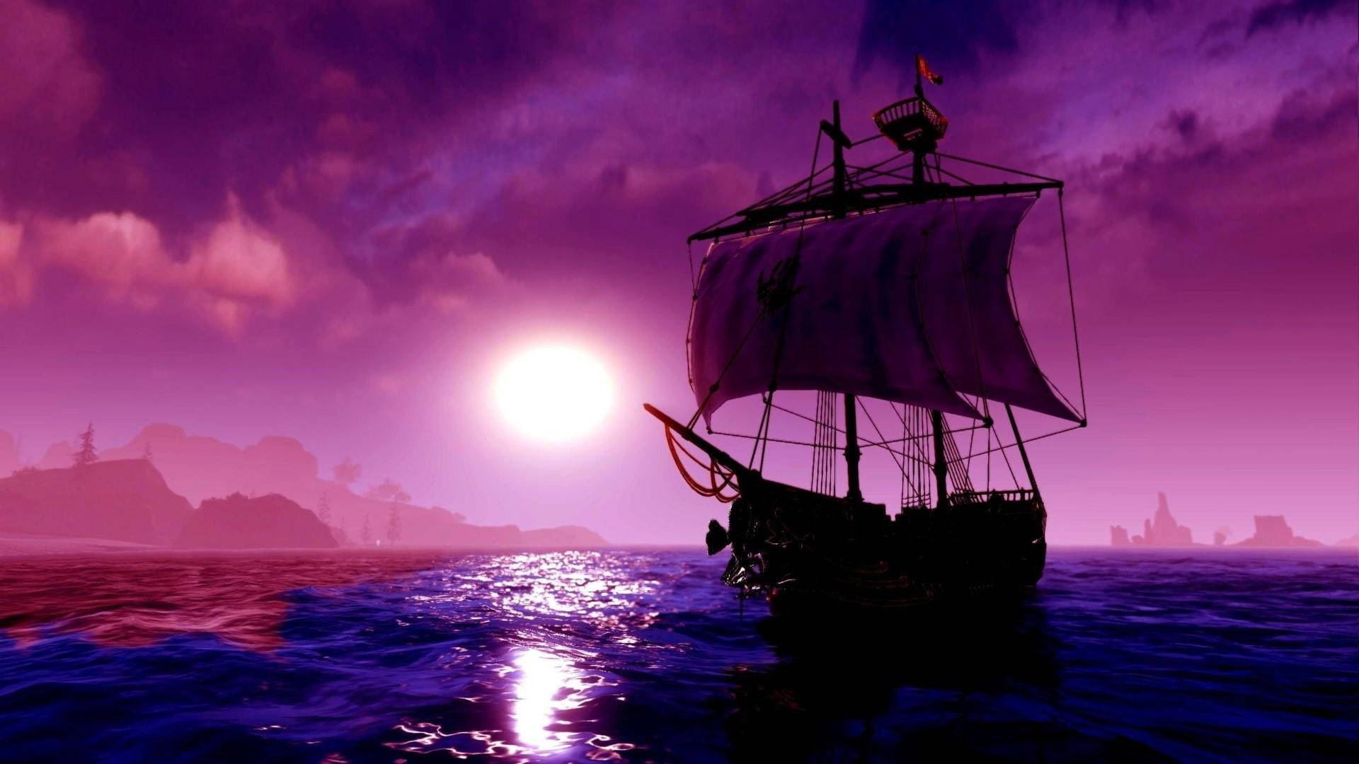 Fantasy Purple Pirate Ship Wallpaper