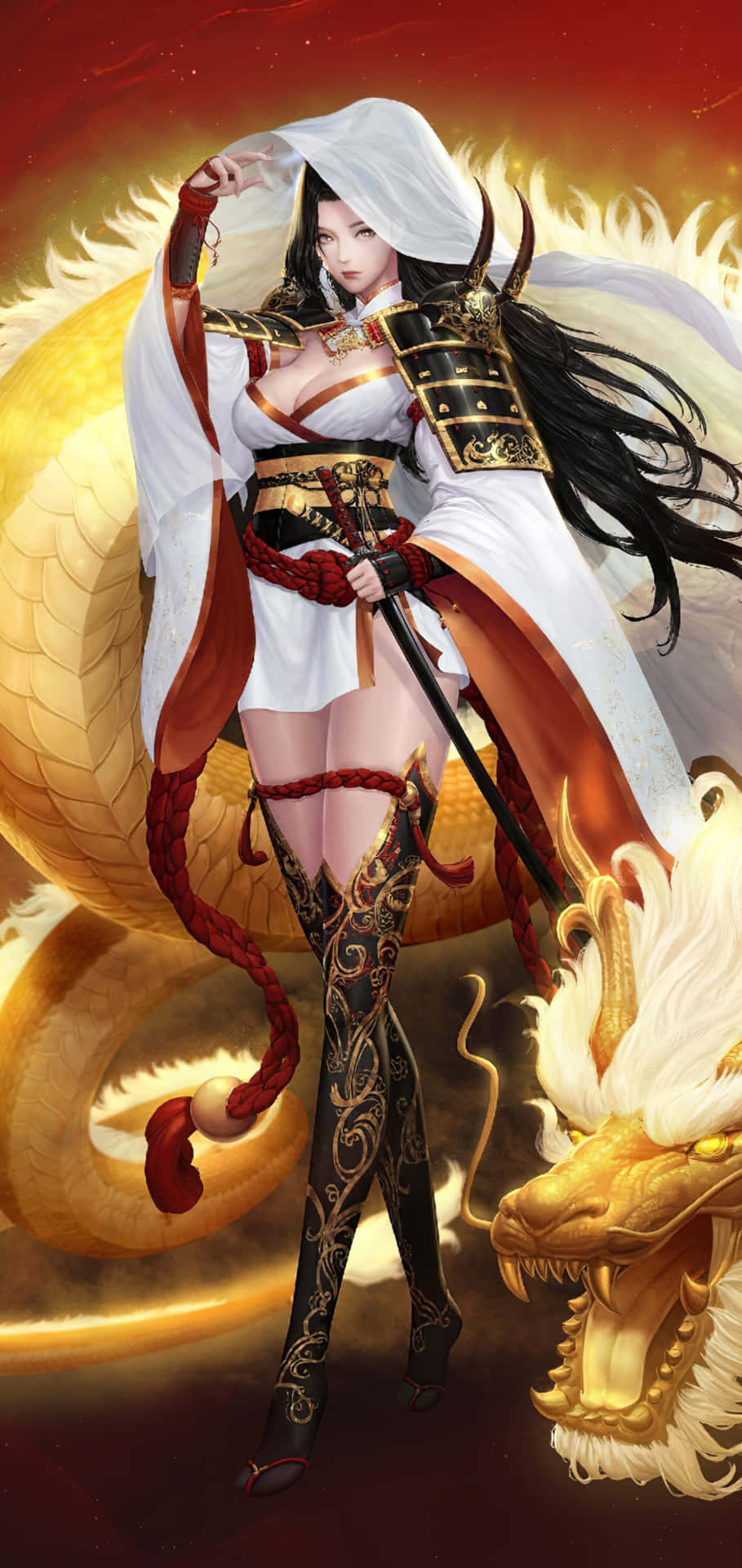 Fantasy Samurai Anime Girl Golden Dragon Wallpaper