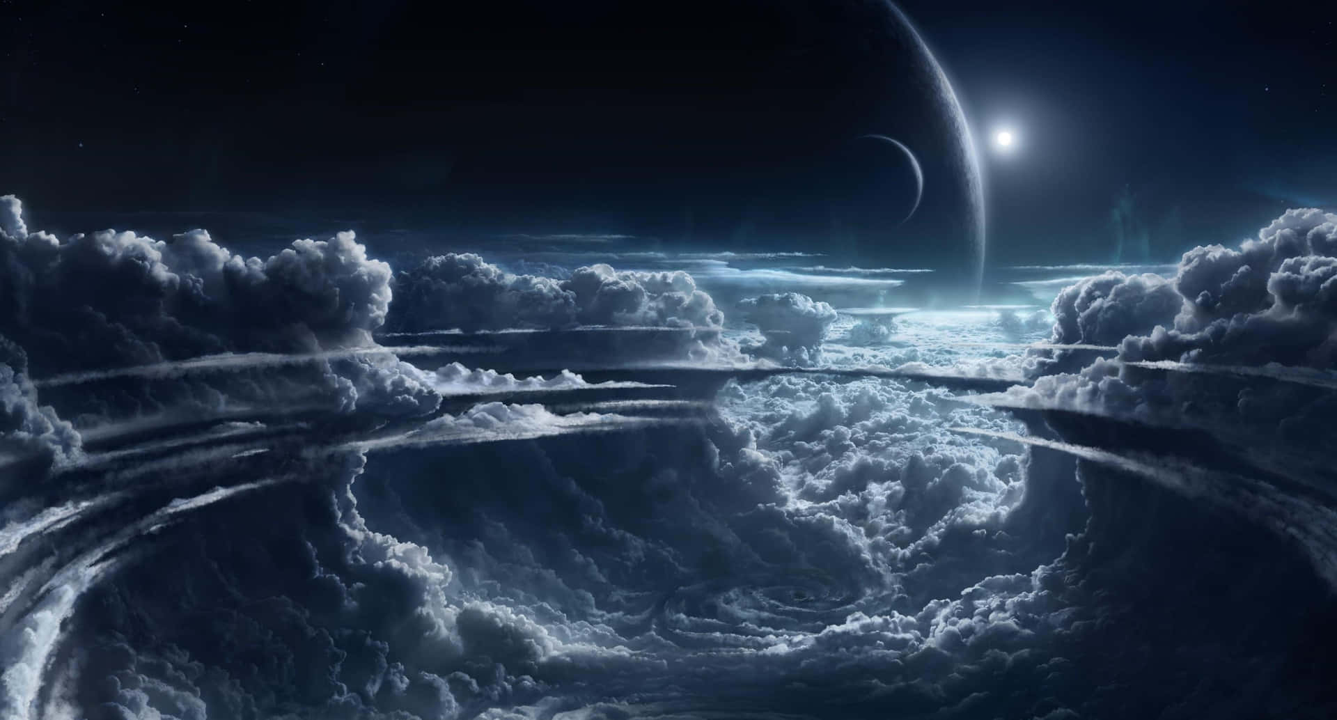 Unanave Espacial Está Volando Sobre Las Nubes Y Un Planeta Fondo de pantalla