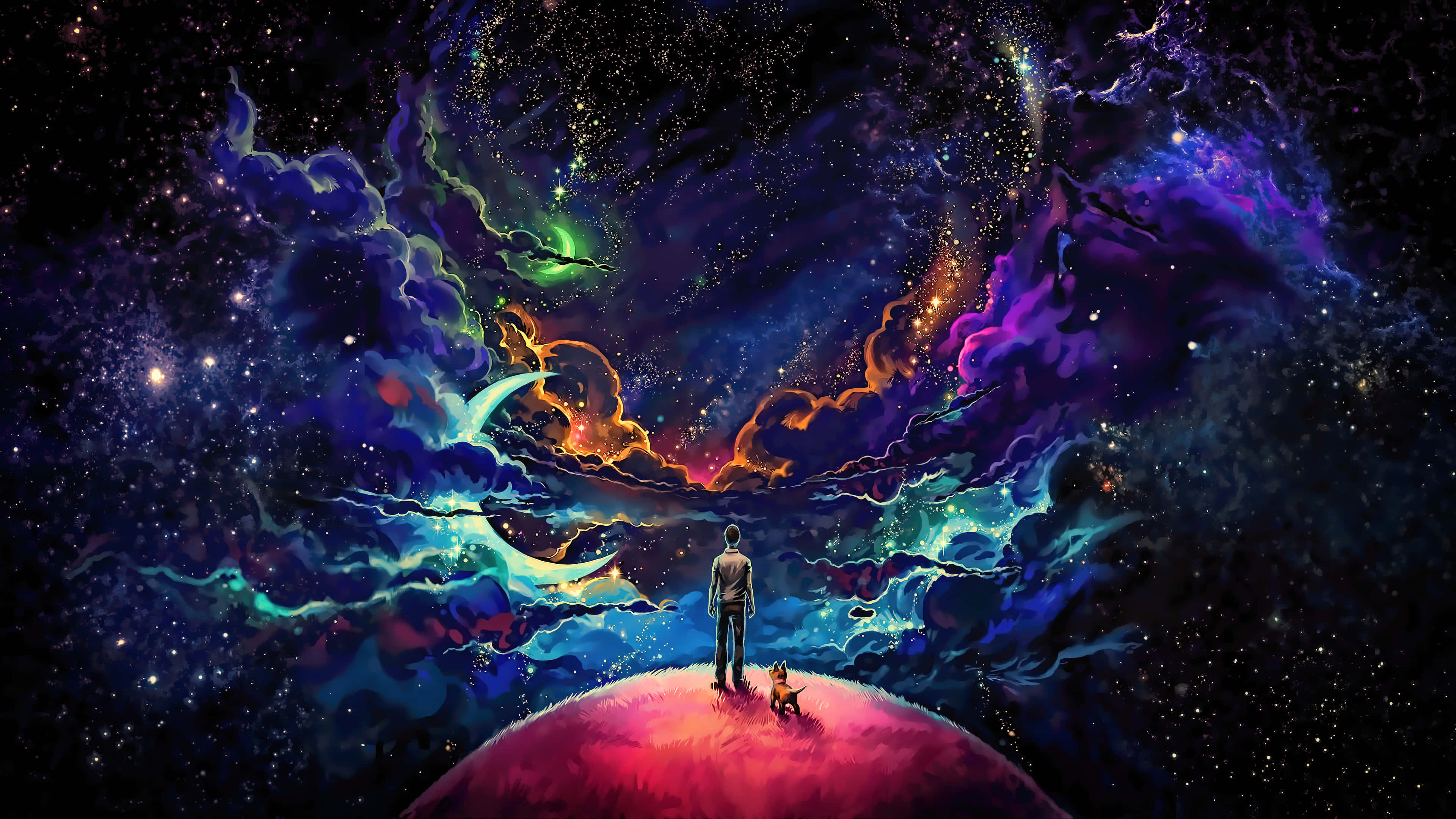 En mand står på toppen af et planet med farverige stjerner omkring ham. Wallpaper