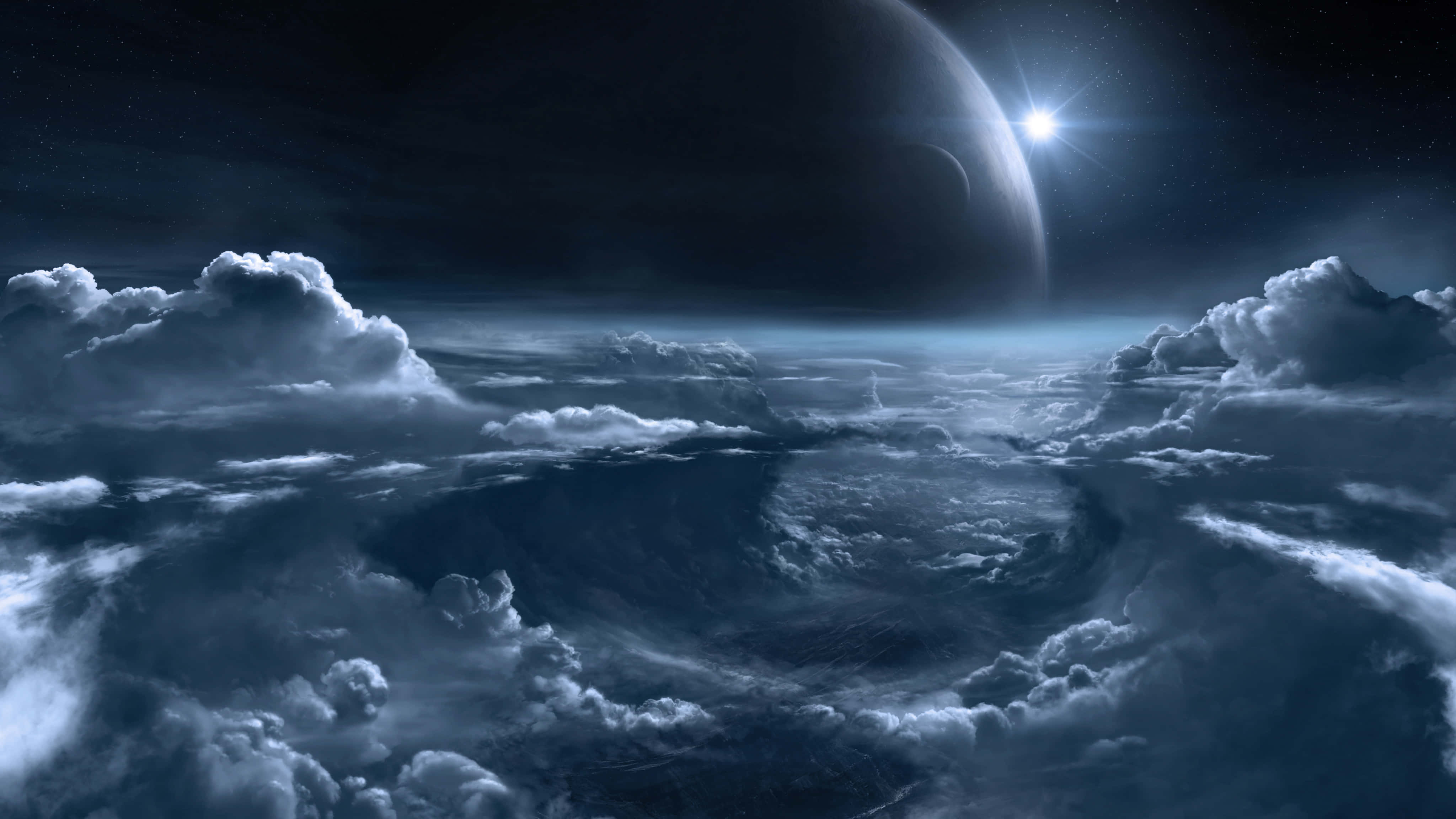 A Spaceship Is Flying Over Clouds And Stars Wallpaper