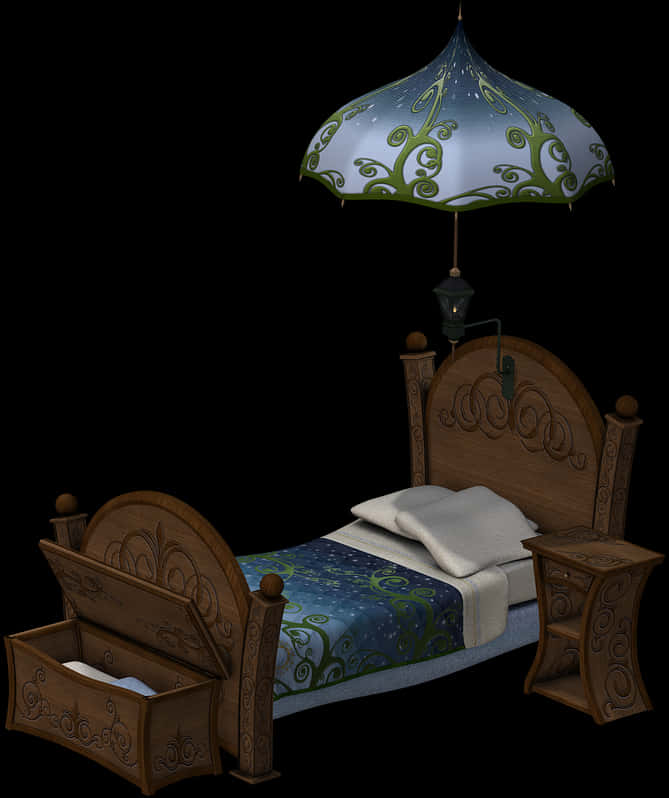 Fantasy Style Bed With Canopy Umbrella PNG