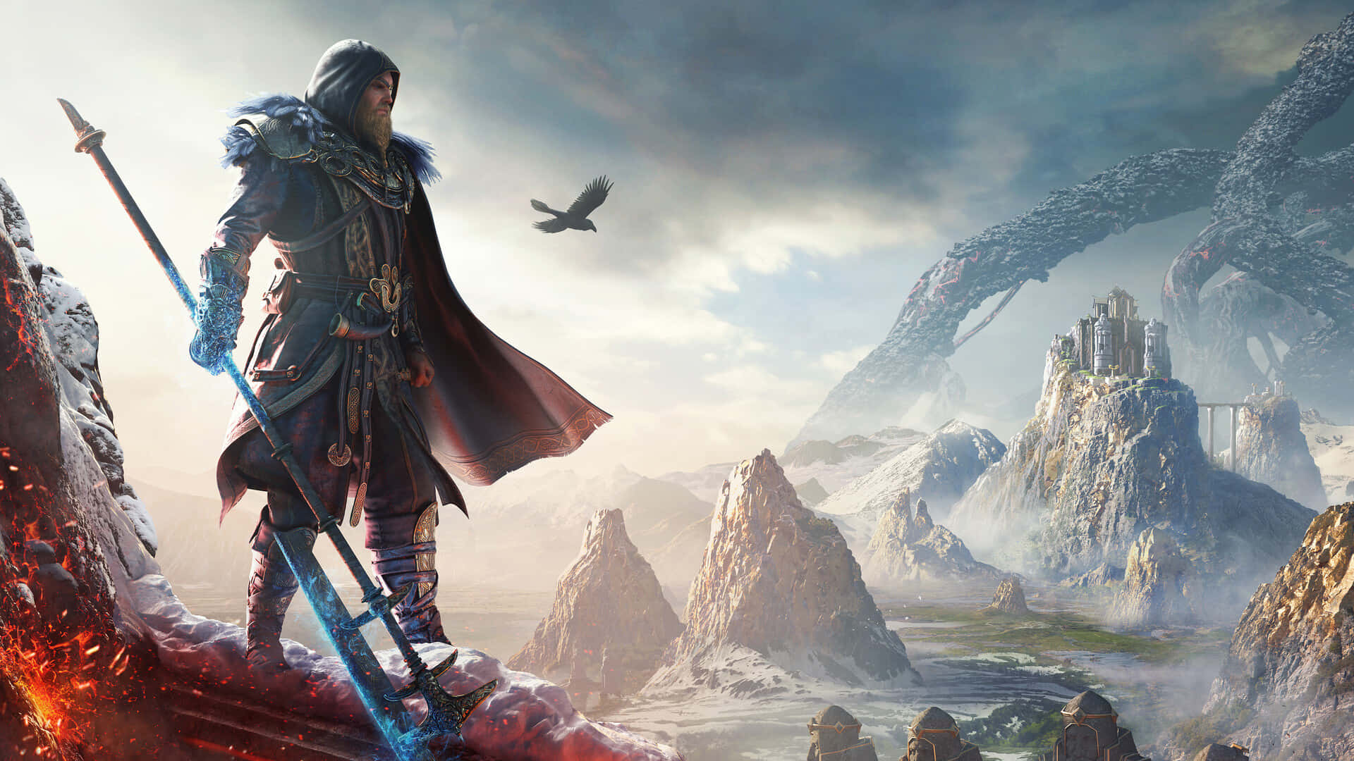 Fantasy Warrior Overlooking Mountain Kingdom Wallpaper