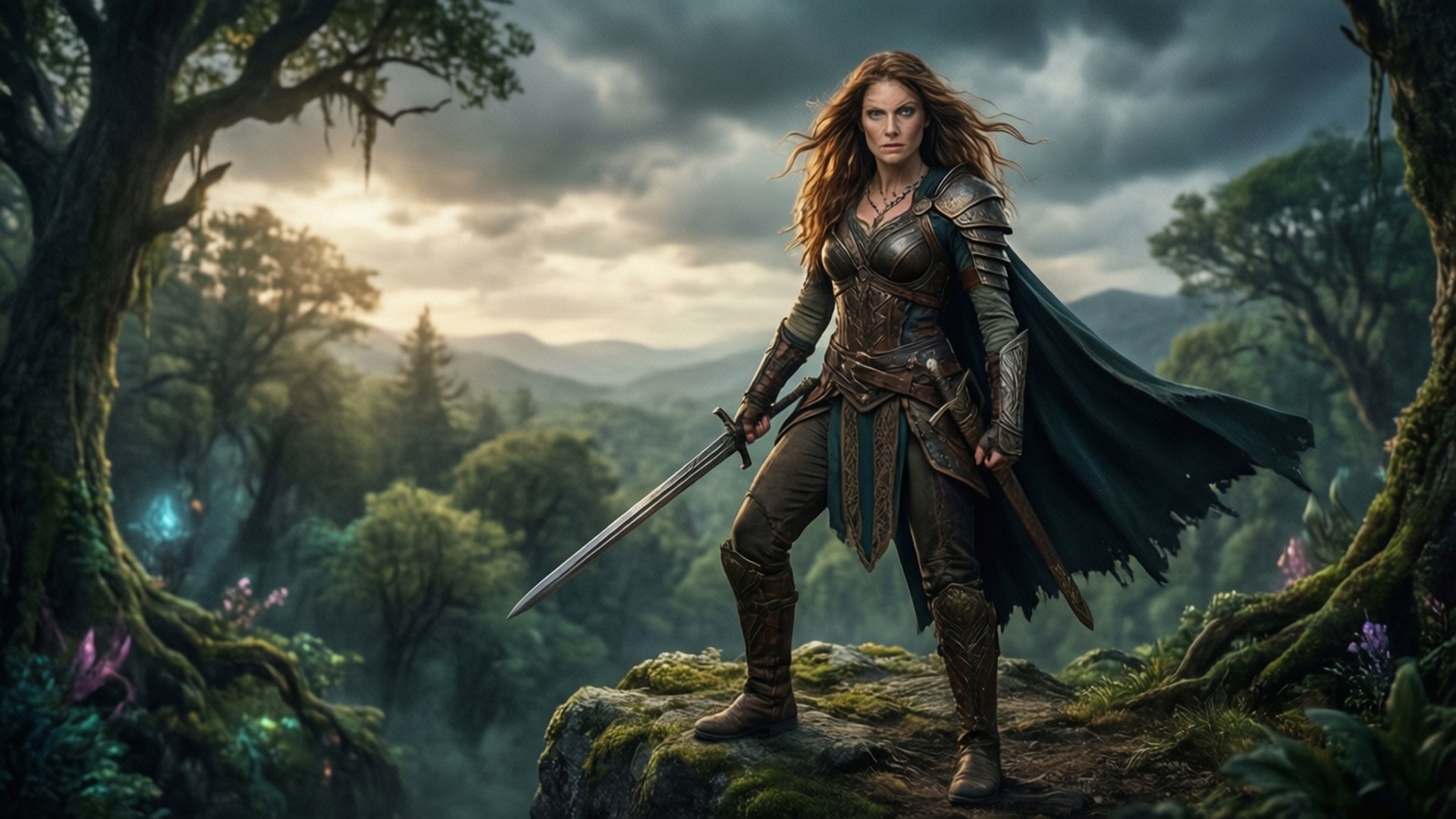 Een fantasy krijgsvrouw in harnas die een zwaard vasthoudt in een mystiek bos in de schemering.