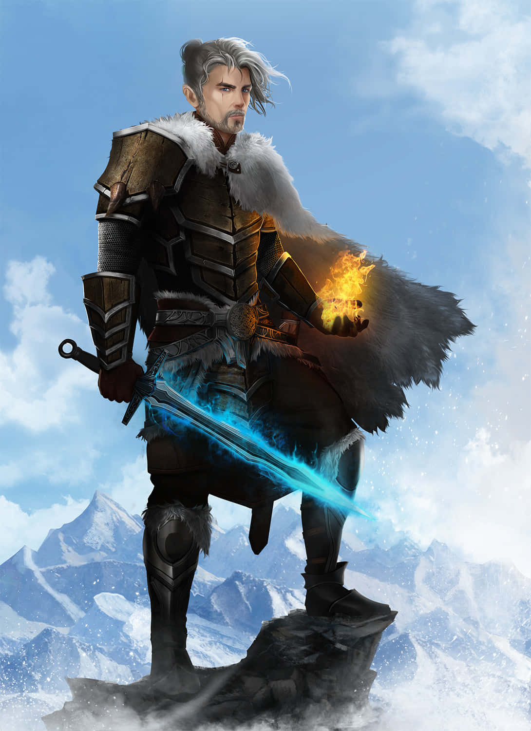 Fantasy_ Warrior_with_ Fire_and_ Ice_ Sword.jpg Wallpaper