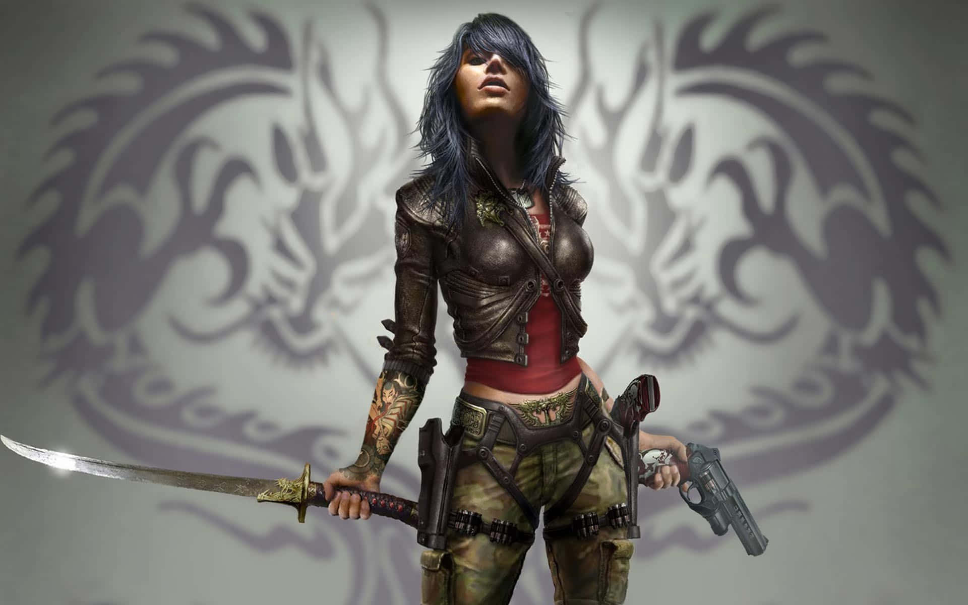 Fantasy_ Warrior_ Woman_with_ Sword_and_ Gun Wallpaper