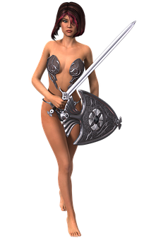 Fantasy Warrior Womanwith Swordand Shield PNG