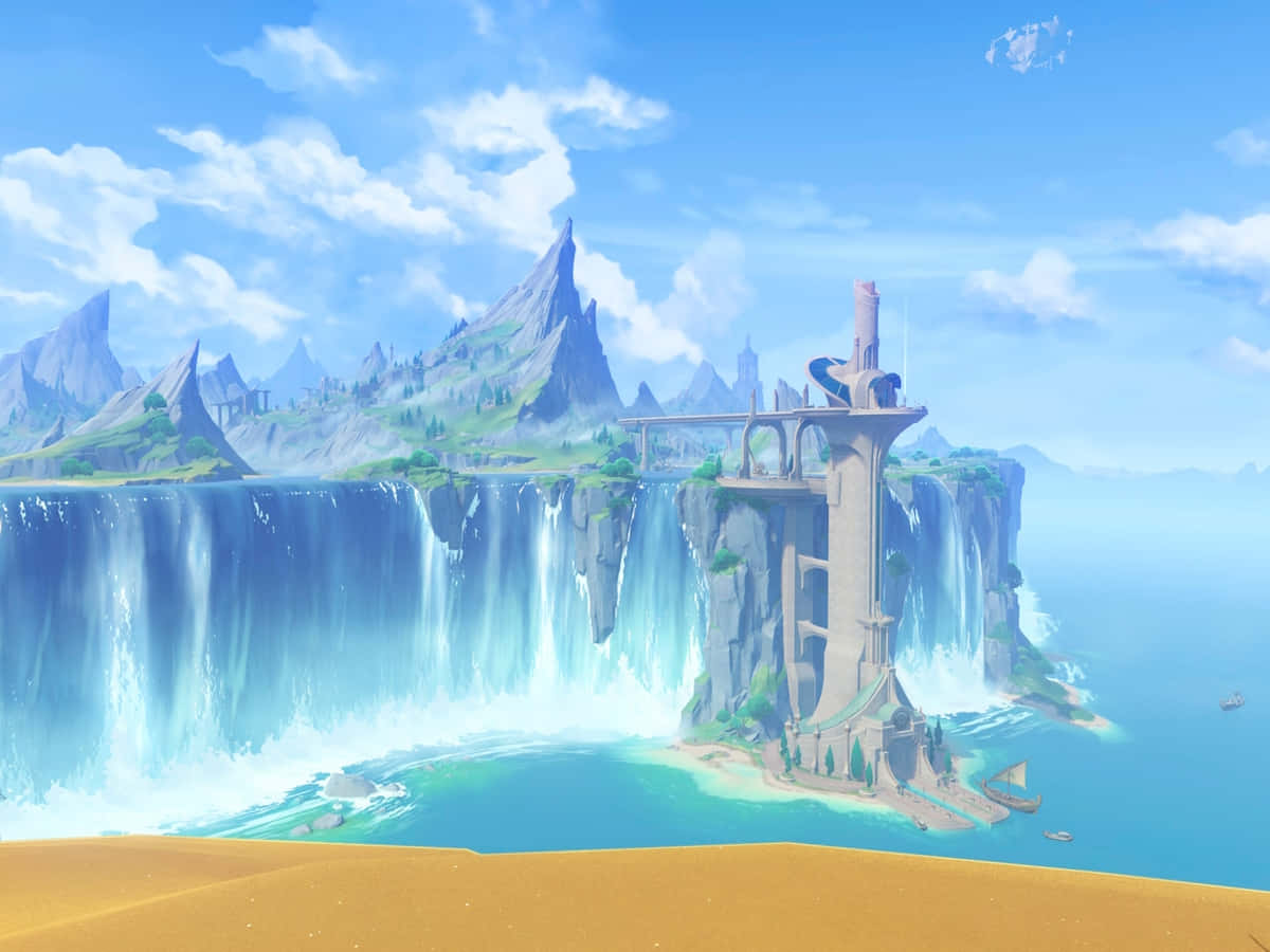 Fantasy Waterfall Castle Landscape Wallpaper
