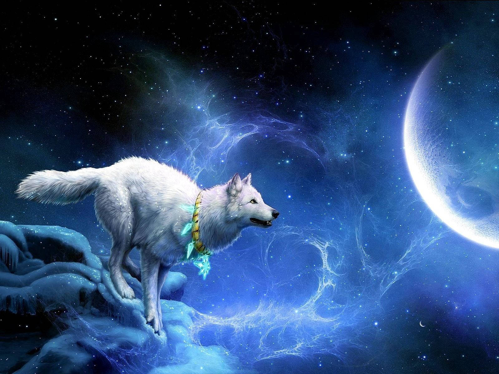 A majestic white wolf howling at a full moon. Wallpaper