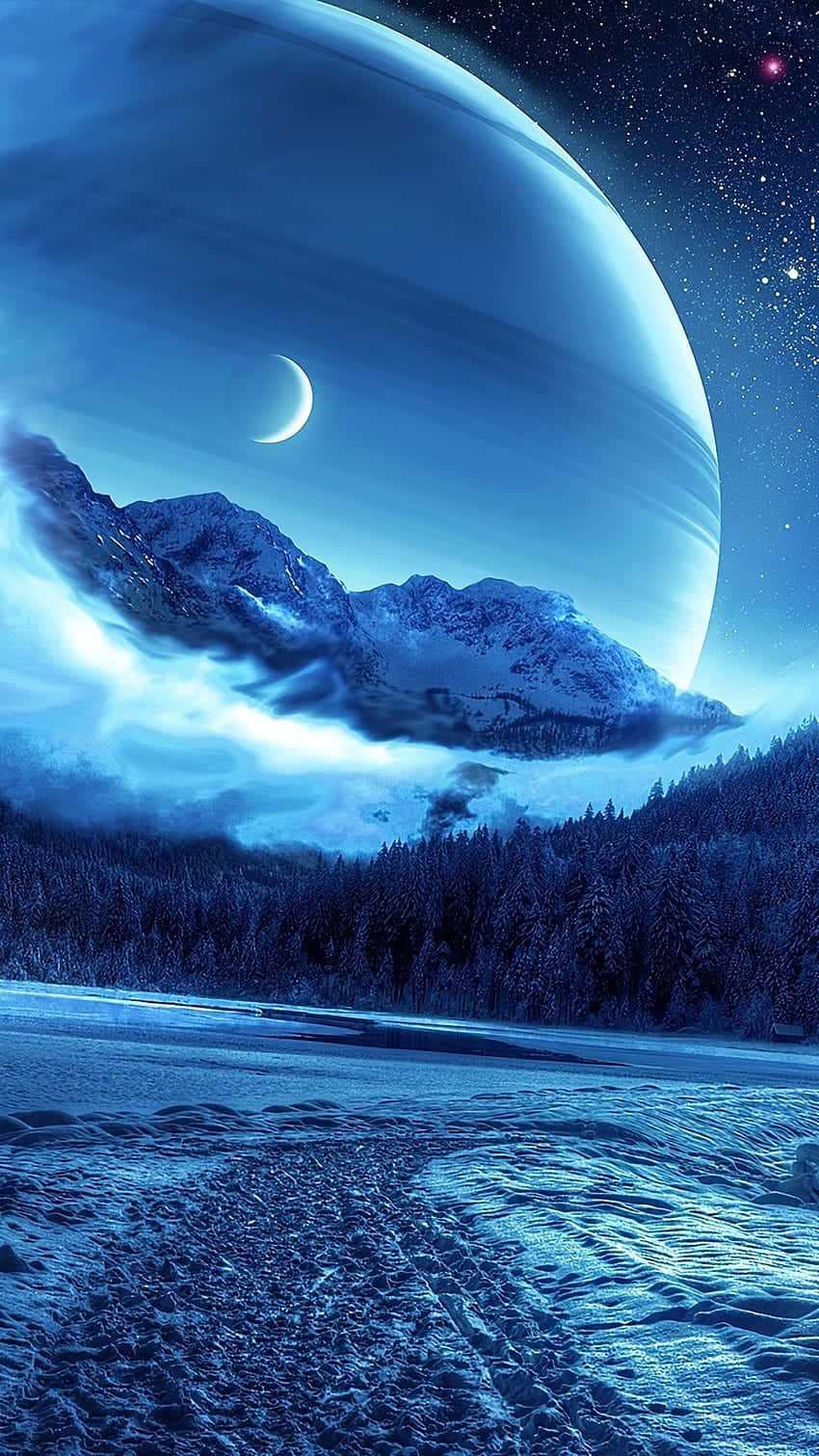 Fantasy_ Winter_ Nightscape_with_ Giant_ Planet Wallpaper