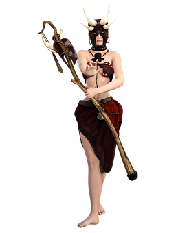 Fantasy Woman Horned Headdress Staff PNG