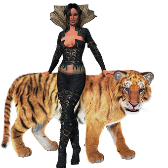 Fantasy_ Woman_with_ Tiger_ Companion PNG