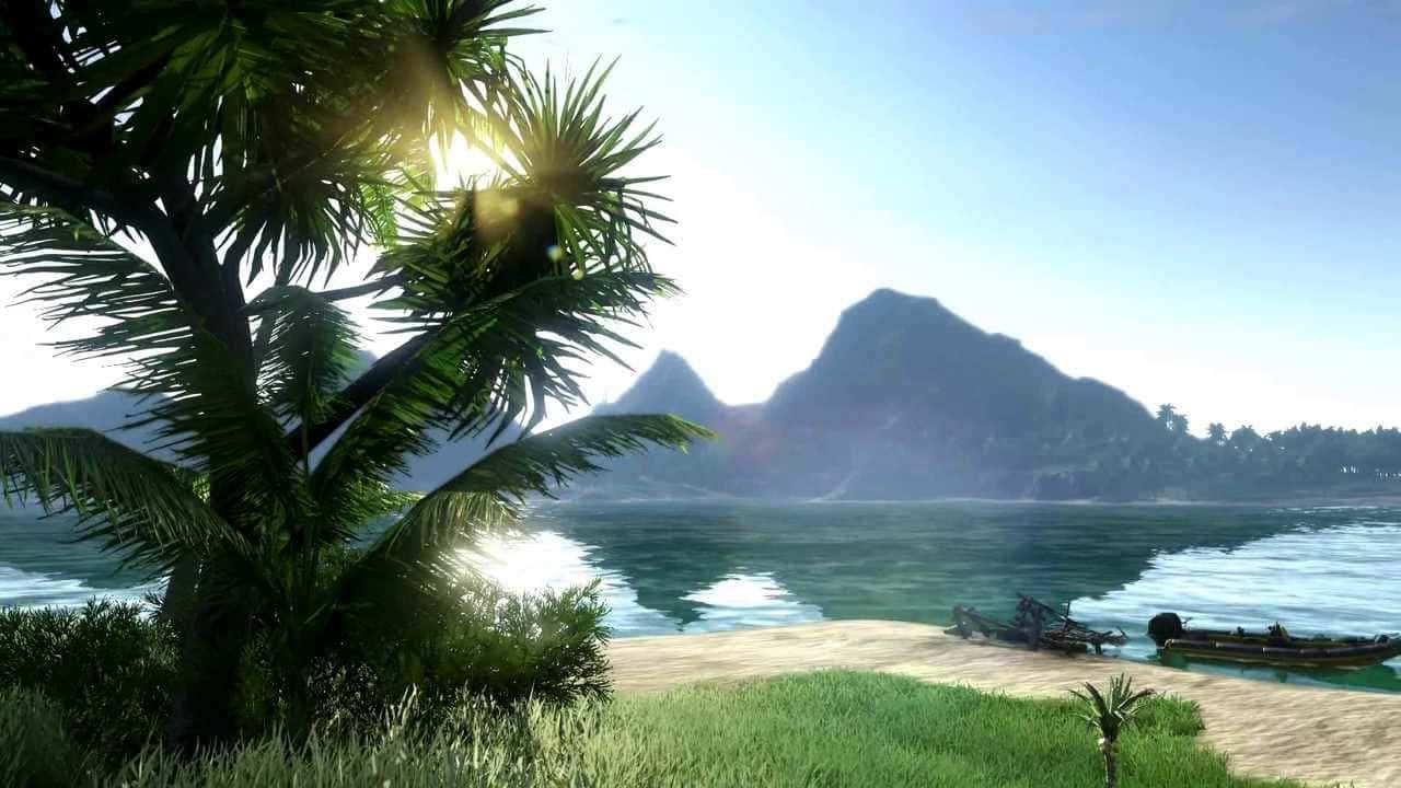 Et skærmbillede af en tropisk ø med palme træer og en sø i forgrunden. Wallpaper