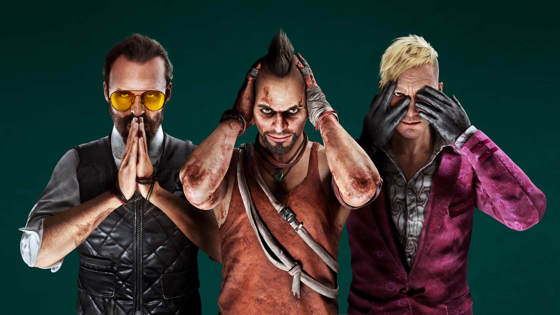 Three Men With Their Eyes Covered Are Standing In Front Of A Green Background Wallpaper