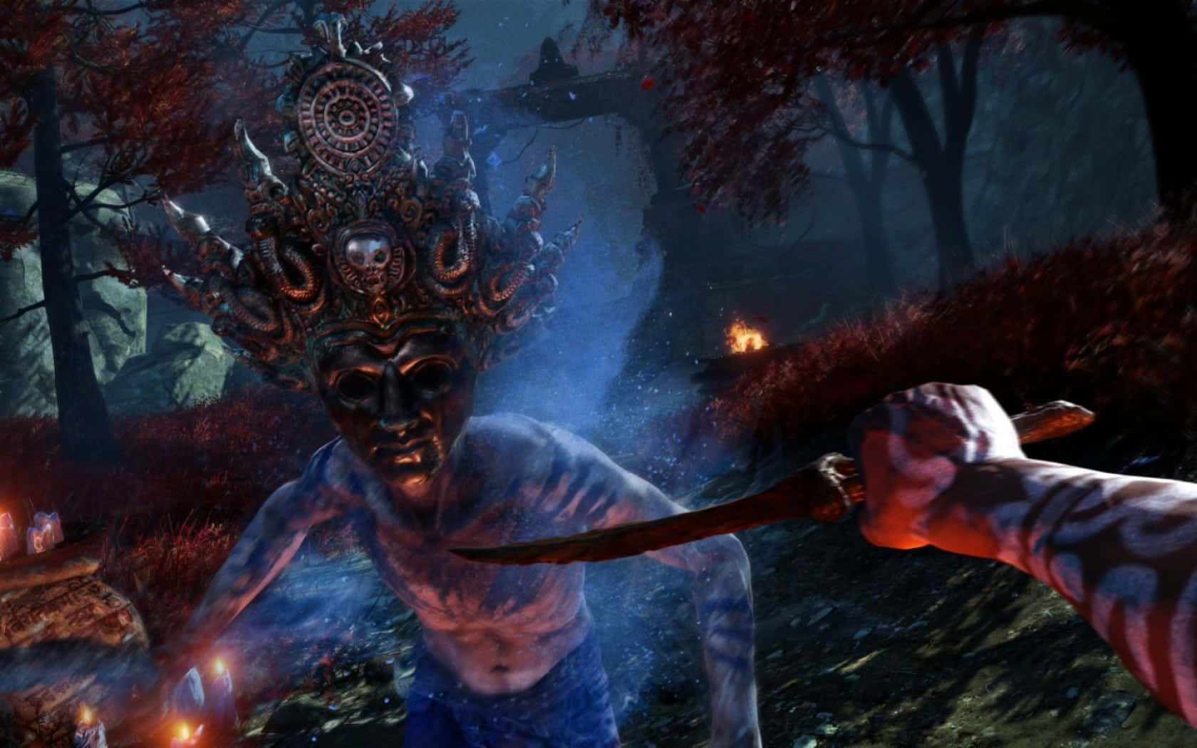 A Screenshot Of A Character Holding A Sword In The Woods