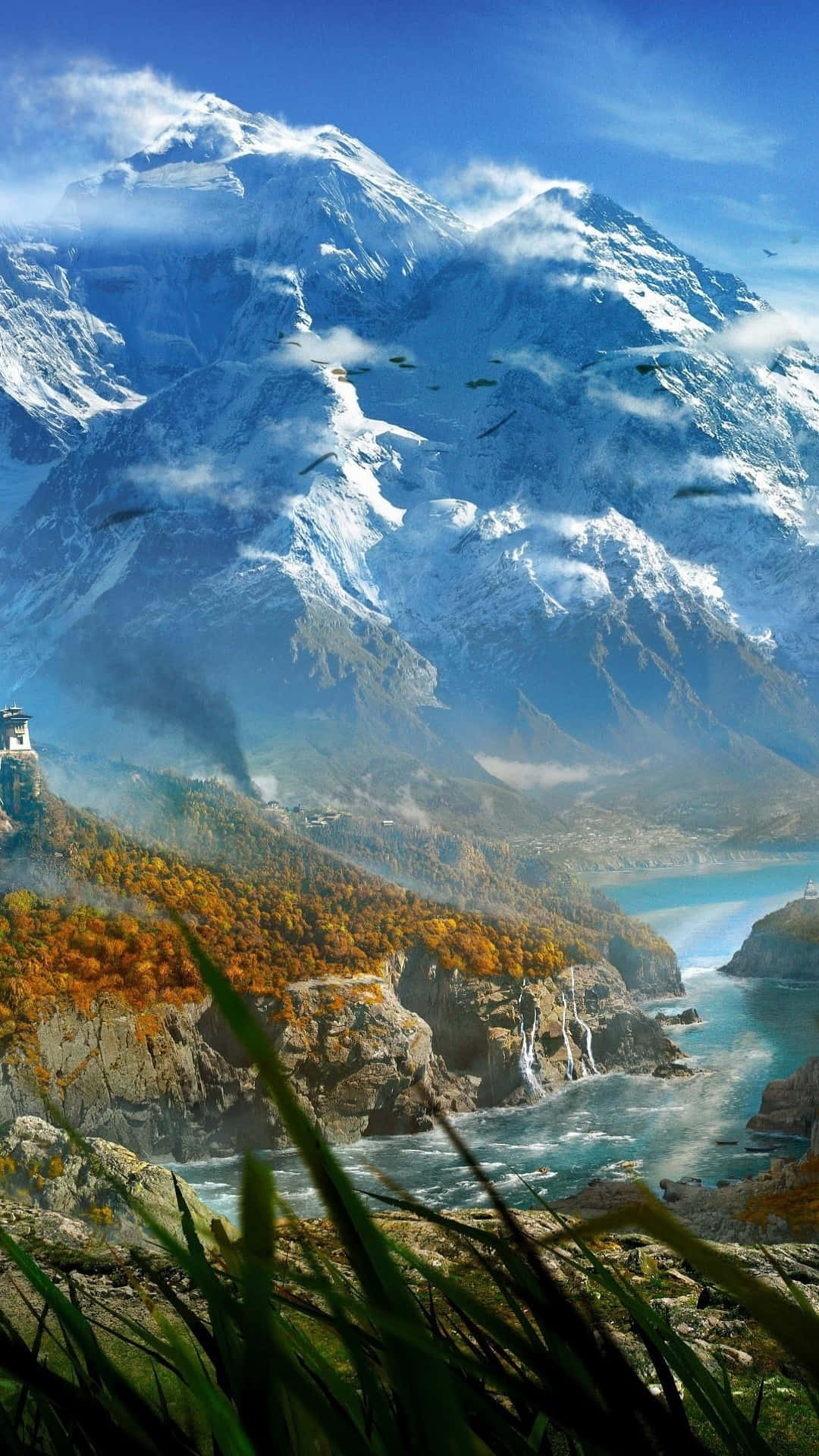 En maleri af en bjergkæde med en sø og græsmarker. Wallpaper