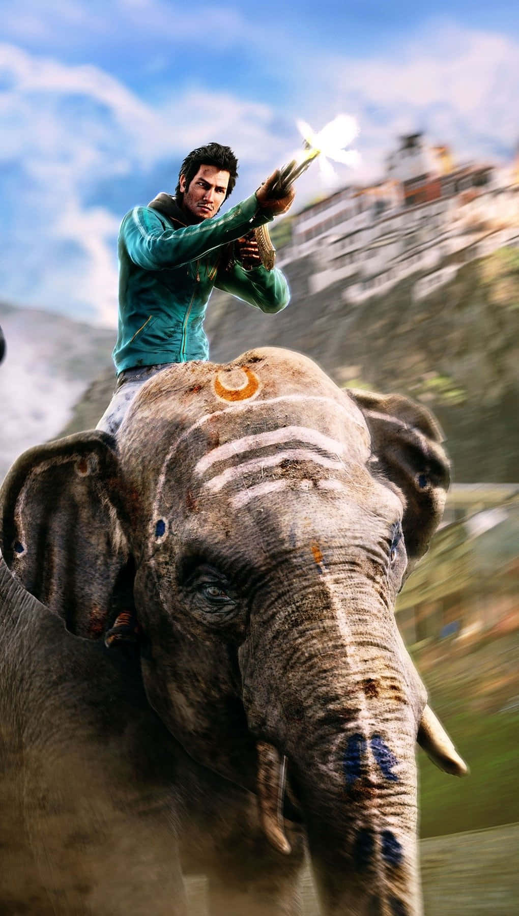 En mand rider på en elefant med et gevær i hånden. Wallpaper