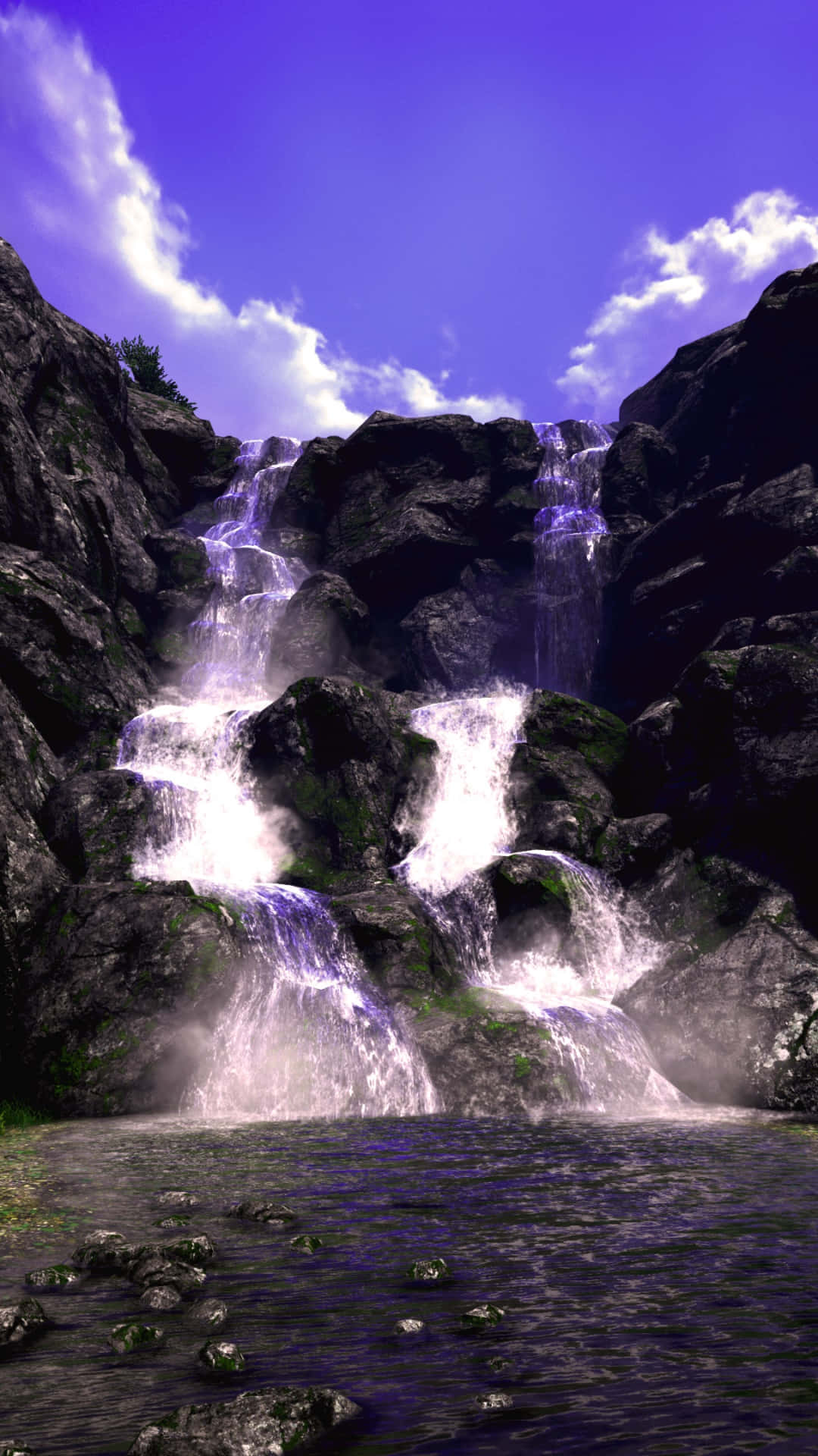 A Waterfall With Blue Sky And Water Wallpaper