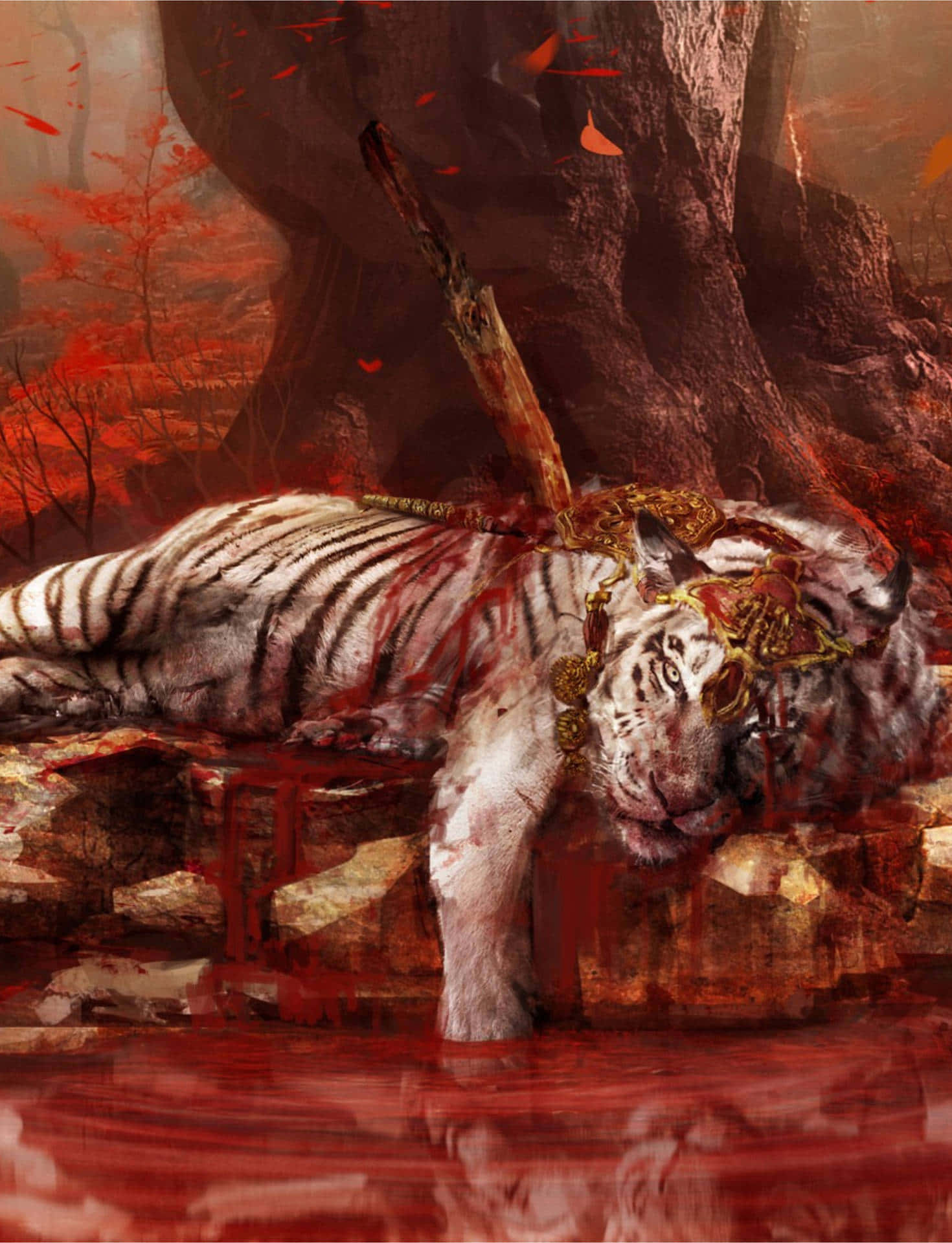 En hvid tiger ligger ned i en blodig flod Wallpaper