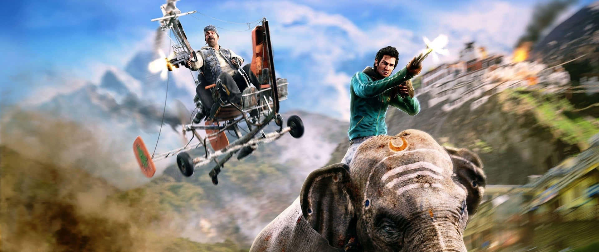 En mand rider en elefant med et fly i himlen. Wallpaper